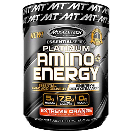 MuscleTech Essential Series Platinum Amino Plus Energy BCAA Powder, Extreme Orange, 10.40 Ounce, 30 Serving
