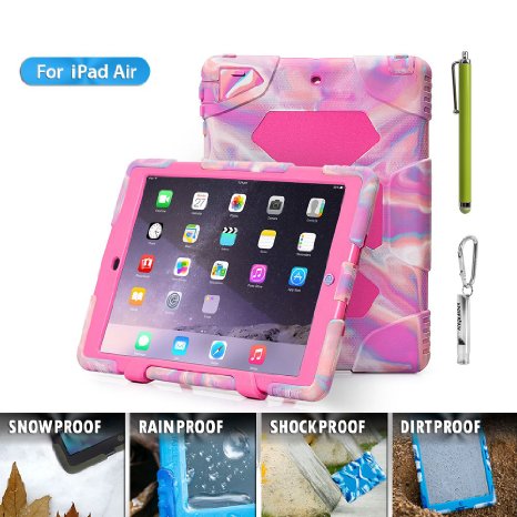 Ipad Air Case,aceguarder Ipad Air Case Cover *New* [Kidproof ] [Rainproof] [Dustproof] [ Shockproof] [ Anti-wrestling] Multiple Protection Silicone Plastic Standing Case for Ipad Air 5 Designed for Outdoor and Travel Gifts (Carabiner) (whistle) (capacitor Pen Handwriting)----aceguarder Brand(camo Pink)