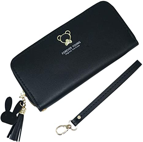 Molylove Women Wallet PU Leather Phone Wristlet Ladies Clutch Long Purse with Wrist Strap (Black)