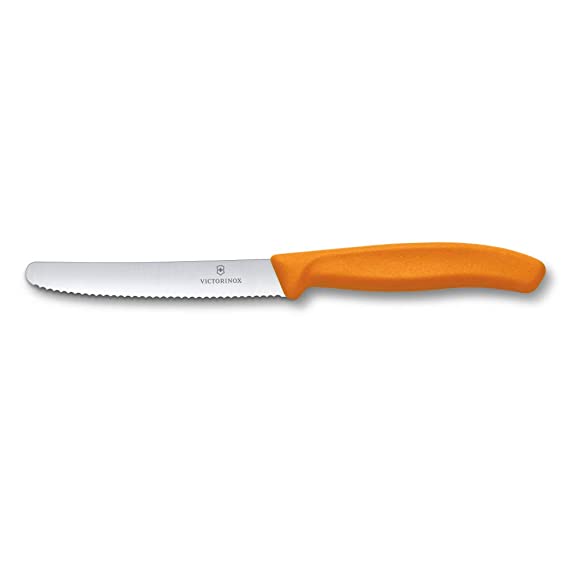 Victorinox Kitchen Knife, Stainless Steel Multipurpose Table Knife for Dining and Vegetable Chopping, Serrated Edge, 11 cm, Orange