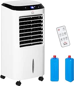 HOMCOM Climatizador Evaporativo Bajo Consumo Enfriador de Aire Portátil 10L Humidificador Ventilador 60W Iones Negativos Pantalla LED Control Remoto Temporizador 3 Velocidades 38,2x31,6x76 cm Blanco