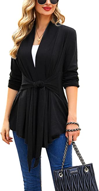 ACEVOG Lightweight Draped Cardigan for Women Open Front &Sash Tie 2 Ways Sweater Long Sleeve Wrap Duster