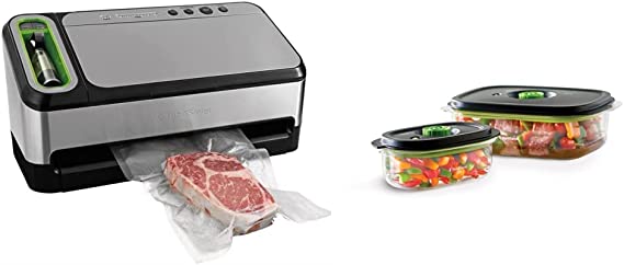 FoodSaver V4840 2-in-1 Vacuum Sealer Machine with Automatic Bag Detection and Starter Kit | Silver, 18.80 x 9.50 x 10.60 inches & 2116382 Preserve & Marinate Vacuum -Containers, 3, 10 Cups, Clear