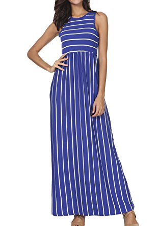 levaca Women's Summer Sleeveless Striped Pockets Loose Swing Casual Maxi Dress