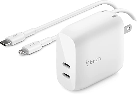 Belkin 40W USB Type C PD Wall Charger for iPhone with Included C to Lightning Cable, Dual USB-C Ports for 20W Per Port Fast Power Delivery Charging for iPhone 13, 12, iPad, Galaxy and More