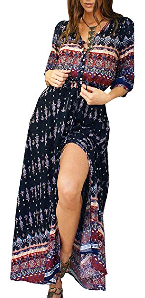 R.Vivimos Women's Summer Button Up Floral Print Split Beach Maxi Dresses