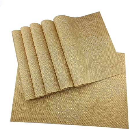 Gugrida Luxury Gold Placemats Set of 6 Crossweave Woven Vinyl Placemat for Dining Table Heat Resistant Non-Slip Kitchen Table Mats Easy to Clean