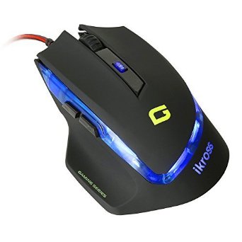 Gaming Mouse - iKross 1600 DPI Optical Gaming Mouse For PC - Adjustable DPI / 6 Buttons / Blue LED / USB Wired Braided Cable / Plug & Play