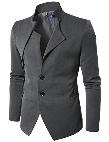Doublju Mens Unbalanced Blazer Jacket with China Collar