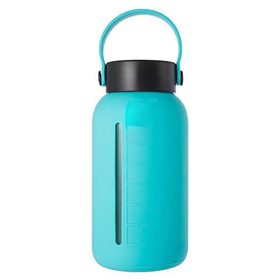 MIU COLOR Glass Water Bottle 30 oz, Wide Mouth Glass Water Bottle with Silicone Sleeve Stainless Steel Leak Proof Lid, Borosilicate Glass Bottle with Measurements for Travel Home and Office