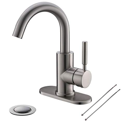 Bathroom Sink Faucet/Bar Sink/Pre-Kitchen Sink Faucet Single-Handle With 4 Inch Deck Plate And Metal Drain By Phiestina, Fit for 1-3 Hole Installation, 360° Rotation Spout, Brushed Nickel, WE08E-BN