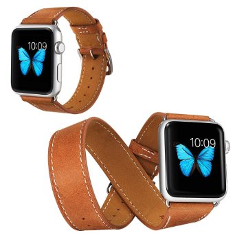 BRG Apple Watch Band 38mm, Genuine Leather Strap iWatch Band with Classic Metal Buckle for Apple Watch Series 1 Series 2 - Brown (Package Include 3 Bands, 2 Lengths for Single Tour and Double Tour)