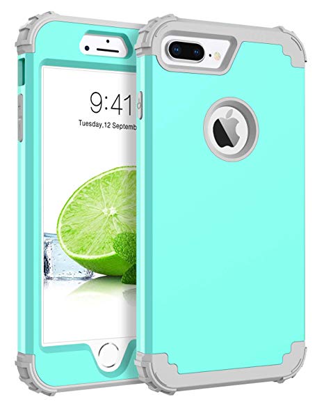 BENTOBEN Case for iPhone 8 Plus/iPhone 7 Plus Case, 3 in 1 Hybrid Hard Plastic Soft Rubber Heavy Duty Rugged Bumper Shockproof Full-Body Protective Phone Cover for iPhone 8 Plus/7 Plus, Turquoise Mint