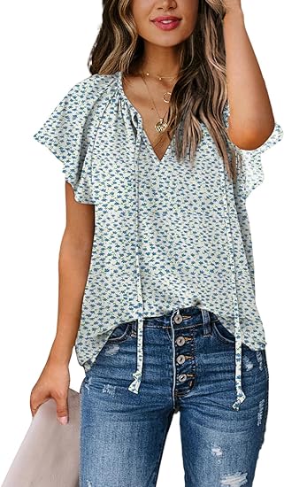 Dokotoo Women's Casual Boho Floral Printed V Neck Tops Drawstring Short Long Sleeve T Shirt Blouses