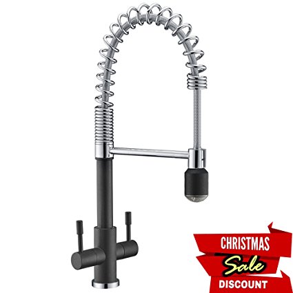 Avola Dual Levers Solid Brass Kitchen Sink Mixer Tap, 360 Degrees Swivel Spring Spout and Pull Down Nozzle, Chrome Mix Black