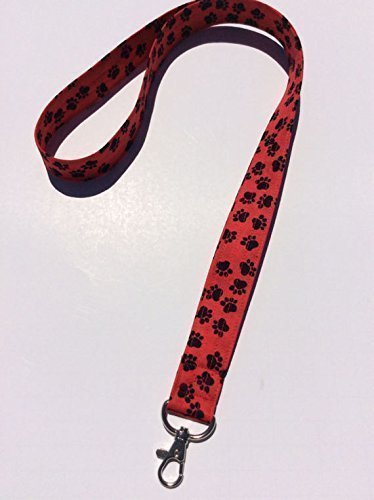 Dog Print Lanyard Keychain ID Badge Holder Key Keeper Key Leash Red with Black Paw Prints