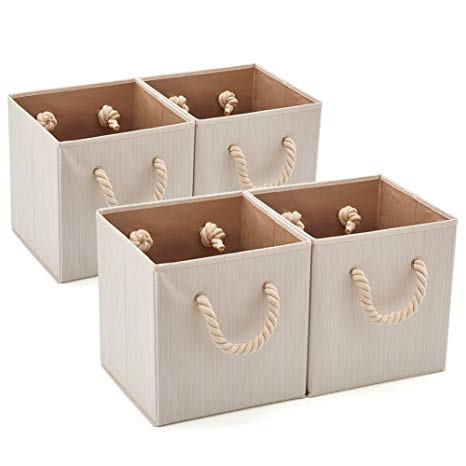 EZOWare Set of 4 Foldable Bamboo Fabric Storage Bin with Cotton Rope Handle, Collapsible Resistant Basket Box Organizer for Shelves, Closet, and More – Beige (12x12x12inch)