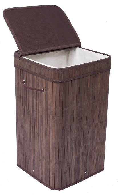 BirdRock Home Square Laundry Hamper with Lid and Cloth Liner | Bamboo | Espresso | Easily Transport Laundry | Collapsible Hamper | String Handles
