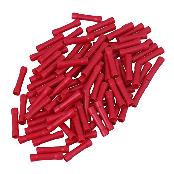 CNBTR Red 22-16AWG Insulated Butt Connectors Straight Crimp Terminals Splices Set of 100