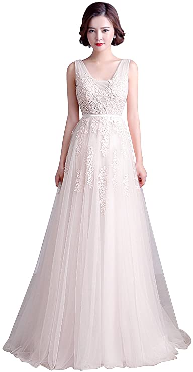 Babyonline Women's Double V-Neck Tulle Appliques Long Evening Cocktail Gowns