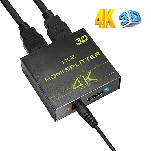 Ledes Ultra HD 4K HDMI Splitter Amplifier 1 in 2 Out V1.4 Certified Support 1080p 3D HD with Power Adapter