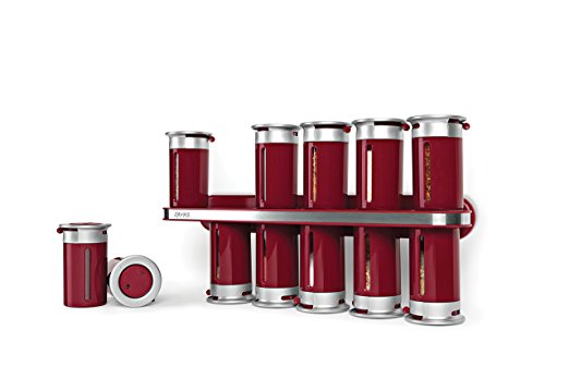 Zevro KCH-06103 Zero Gravity Wall-Mount Magnetic Spice Rack Canisters, Red/Silver - Set of 12