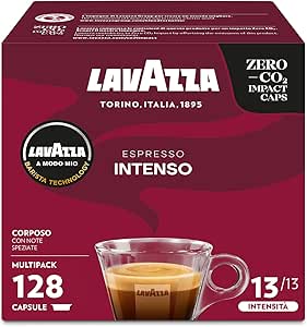 LAVAZZA - A Modo Mio Espresso Intenso, 128 Capsules de Café, pour un Espresso aux Notes de Cacao et d'épices, Arabica et Robusta, Intensité 13/13, Torréfaction Moyenne, 8 Paquets de 16 Capsules