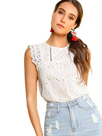 DIDK Women's Sheer Embroidery Ruffle Trim Scallop Hem Eyelet Tank Top Blouse