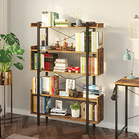 Rolanstar Bookshelf 5-Tier Bookcase, Free Standing Vintage Bookshelves with Metal Frame for Open Storage,Display and Book Organization in Living Room, Bedroom,Rustic Brown