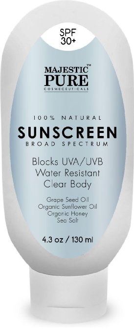 Majestic Pure Clear Body SPF 30 Sunscreen 100 Natural Formula For Superior Broad Spectrum Shielding Against Skin Aging and Wrinkling UVA and Burning UVB 43 oz