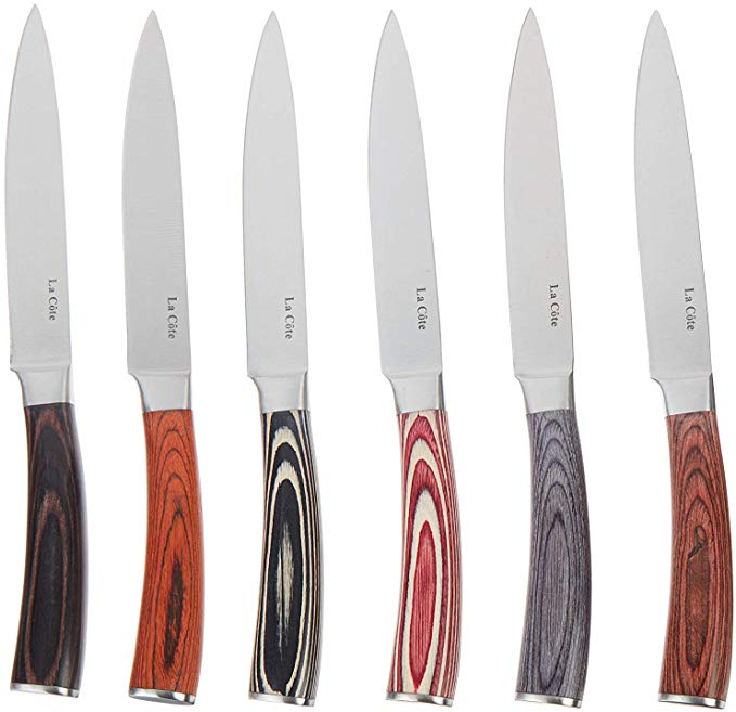 La Cote Six Piece Pakka Wood Steak Knives Set Straight Edge, Non Serrated Blades in Gift Box