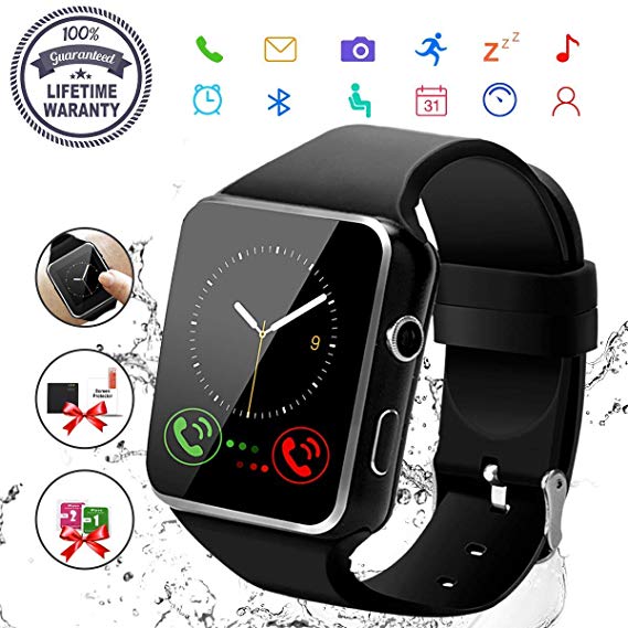 Smart Watch,Bluetooth Smartwatch Touch Screen Wrist Watch with Camera/SIM Card Slot,Waterproof Phone Smart Watch Sports Fitness Tracker Compatible Android Phones Black