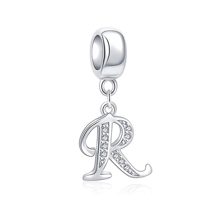 ABUN 925 Sterling Silver Charms Alphabet Beads A-Z Letter Initial Spacer Dangle Clear CZ Stone Authentic for Snake Chain Bracelets