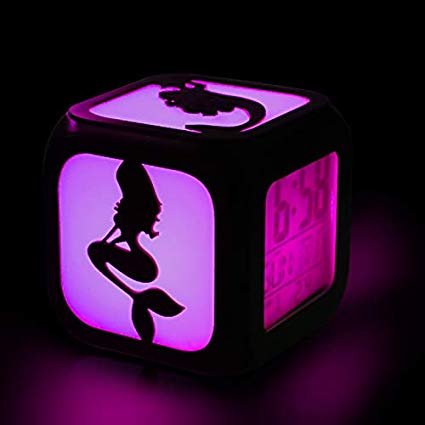 Mermaid Wake Up Light Alarm Clock for Girls,7 Color Change Bedside Cube LED Digital Alarm Clock with Week Date Alarm Thermometer Unicorn Table Soft Nightlight Lamp Decoration for Kids Bedroom