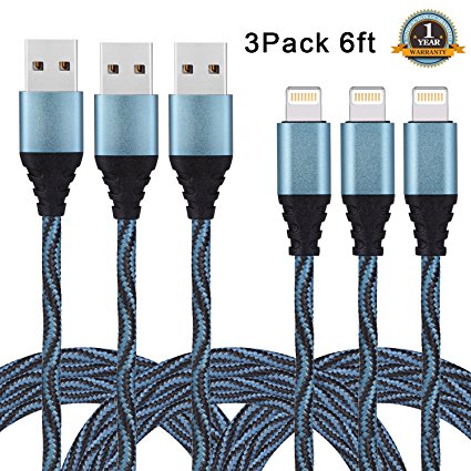 Sundix Lightning Cable, 6FT Premium Nylon Braided Charging Cord iPhone to USB Charger for iPhone 7 / 7 Plus/ 6 / 6s / 6 plus iPhone 5 / 5s / 5c, iPad, iPod & More (Black&blue, 3Pack )