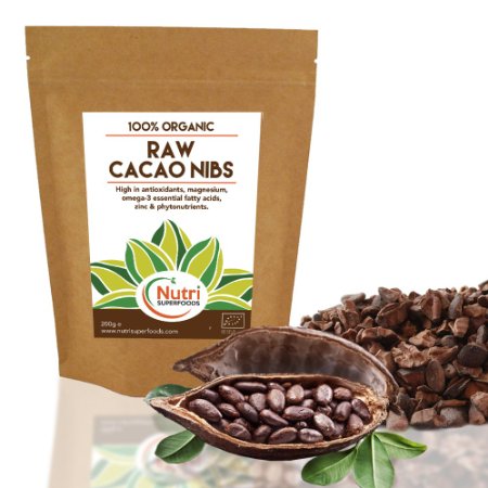 RAW Organic Cacao Nibs | Full of Magnesium Rich Superfood | Nutritious Vegan Protein | Premium Quality Unsweetened | Versatile Chocolate Ingredient | Ideal for Power Smoothies | Baking & Raw Energy Bars | 200g | by Nutri Superfoods
