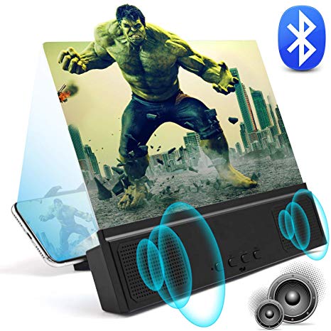 3D Phone Screen Magnifier with Bluetooth Speakers 12" Anti-Blue Light Cell Phone Projector Amplifier with Foldable Holder Stand HD Movies Mobile Phone Screen Enlarger for All Smart Phone Model