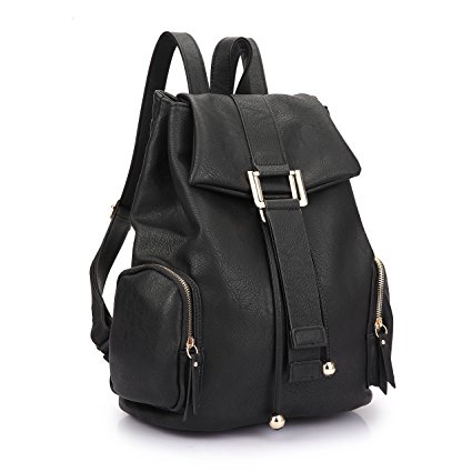 Women College Faux Leather Fashion Backpack Drawstring Casual Classic Daypack Shoulder Bag
