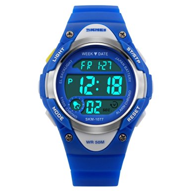 Watchpl Children Watch Outdoor Sports Kids Boy Girls LED Digital Alarm Waterproof Wristwatch Blue