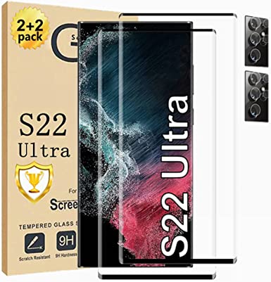 Galaxy S22 Ultra Screen Protector 【2 2 Pack】With Camera Lens Protector [ 3D Glass ] Compatible Fingerprint Easy installation 9H Tempered Glass Screen Protector for Samsung Galaxy S22 Ultra 5G