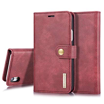 iPhone XR Case, XR Wallet Case,DG.MING Genuine Cowhide Leather Wallet Cases for iPhone XR 6.1 Inch Magnetic Detachable Folio Flip Phone Cover (Red)