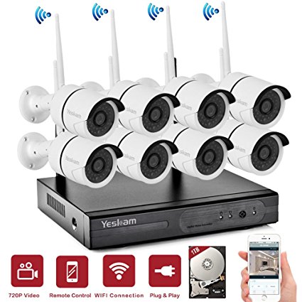 YESKAM Security System 8 Channel 960P Network Recorder and 720P 1.0 Megapixel Wireless Waterproof IP Camera Night Vision for Home Surveillance Pre-installed 1TB HDD (8CH 720P with 1TB)