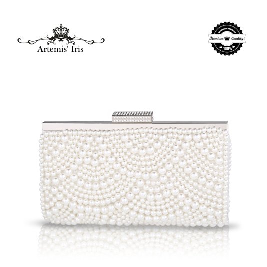 Artemis'Iris White Pearl Evening Purse for Woman, Unique Designer Clutch Bags, Exquisite and Noble Luxury Ladies Purse with Pure Handcrafted, Chain Bag for Party, Formal Occasion, Wedding Gift