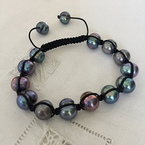 Genuine Black Freshwater Pearls Bracelet. Hand Woven Drawstring Bracelet by D'Mundo Accesorios. Adjustable Macrame Bracelet. Freshwater Black 10/11 mm Pearls Bracelet.