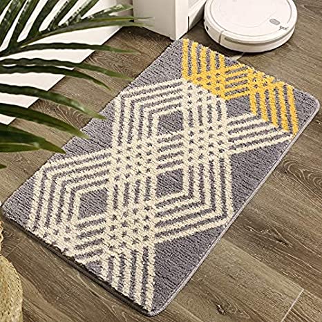 Luc Bathroom Rugs Mat, Stripe Yellow-Grey, 16" x 24",Soft Shaggy Microfiber Machine-Washable ,Entryway Doormat for Shower Room Bathtub Side Carpet Restroom Home Indoor Entry Mat with Anti-Slip Back