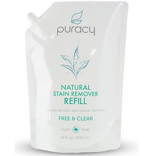 Puracy Natural Laundry Stain Remover 64 Oz Refill, 6 Enzyme Formula Eliminates Spots and Odors, Pre Treat Hundreds of Fabrics Per Bottle, Free and Clear, 64 Ounce Refill