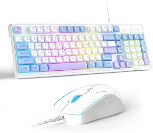 Wire Gaming Keyboard,Creamy Keyboard and Mouse Combo, 7 Colorful Rainbow Backlight Classic Gaming Keyboard (White & Blue & Purple)