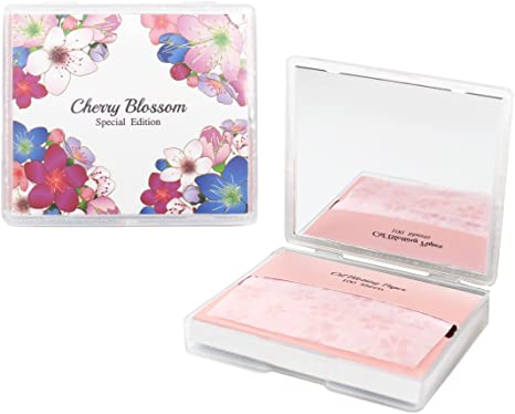 [100 Counts   Mirror Case] Cherry Blossom Biodegradable Natural Face Oil Blotting Paper Sheets with Makeup Mirror Case