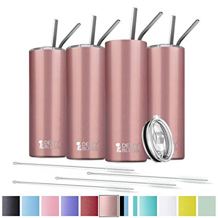 4 Pack Stainless Steel Skinny Tumbler, 20 OZ Double-Insulated Water Tumbler Cup With Lid and 8 Straw, Vacuum Travel Mug Gift for Hot Cold Drinks with Cleaning(Rose Gold)