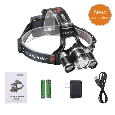Shinight LED Headlamp Headlight Flashlight with Three Light Source (Cree LED, Rechargeable Battery, USB Charging Port, Safety Light for Outdoor Sports)